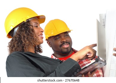 Construction worker women in interracial action